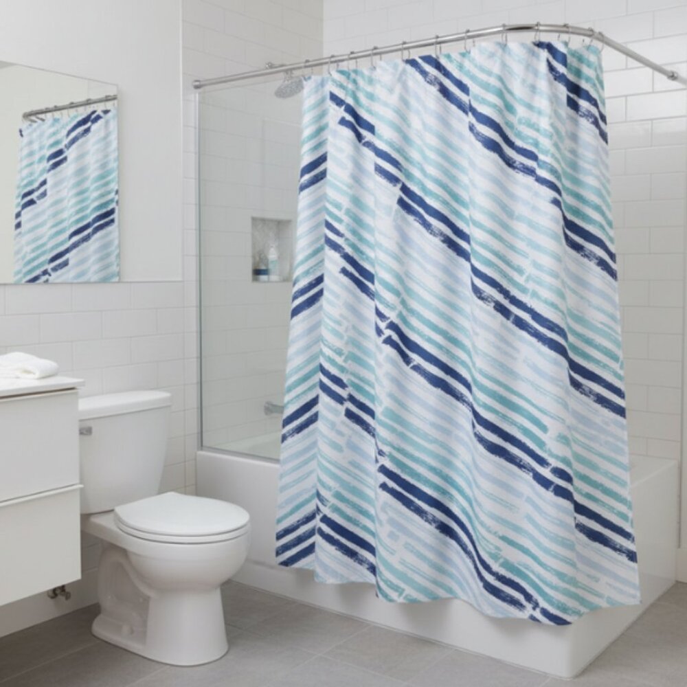 Comfort Bay 13 Pc Shower Curtain Set Blue Abstract Stripe 72x72 w/ 12 Hooks